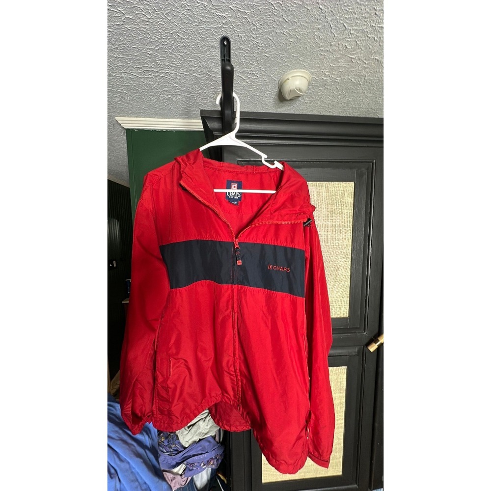 *Chaps Red Black Windbreaker with hood Full Zip L Grease Stain 12